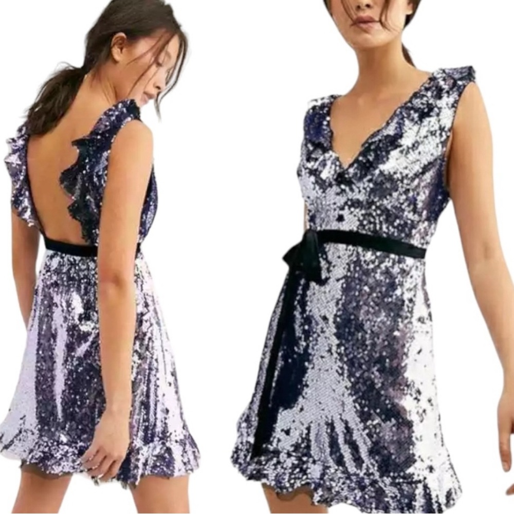 Free People Lilac & Black Sequin V-Neck Dress with Ruffle Sleeves